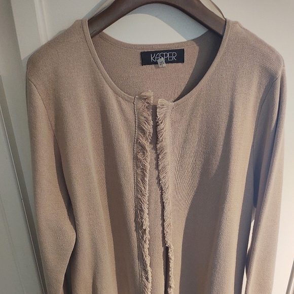 Tan Fringed Long Cardigan Sweater | Large - Picture 4 of 16